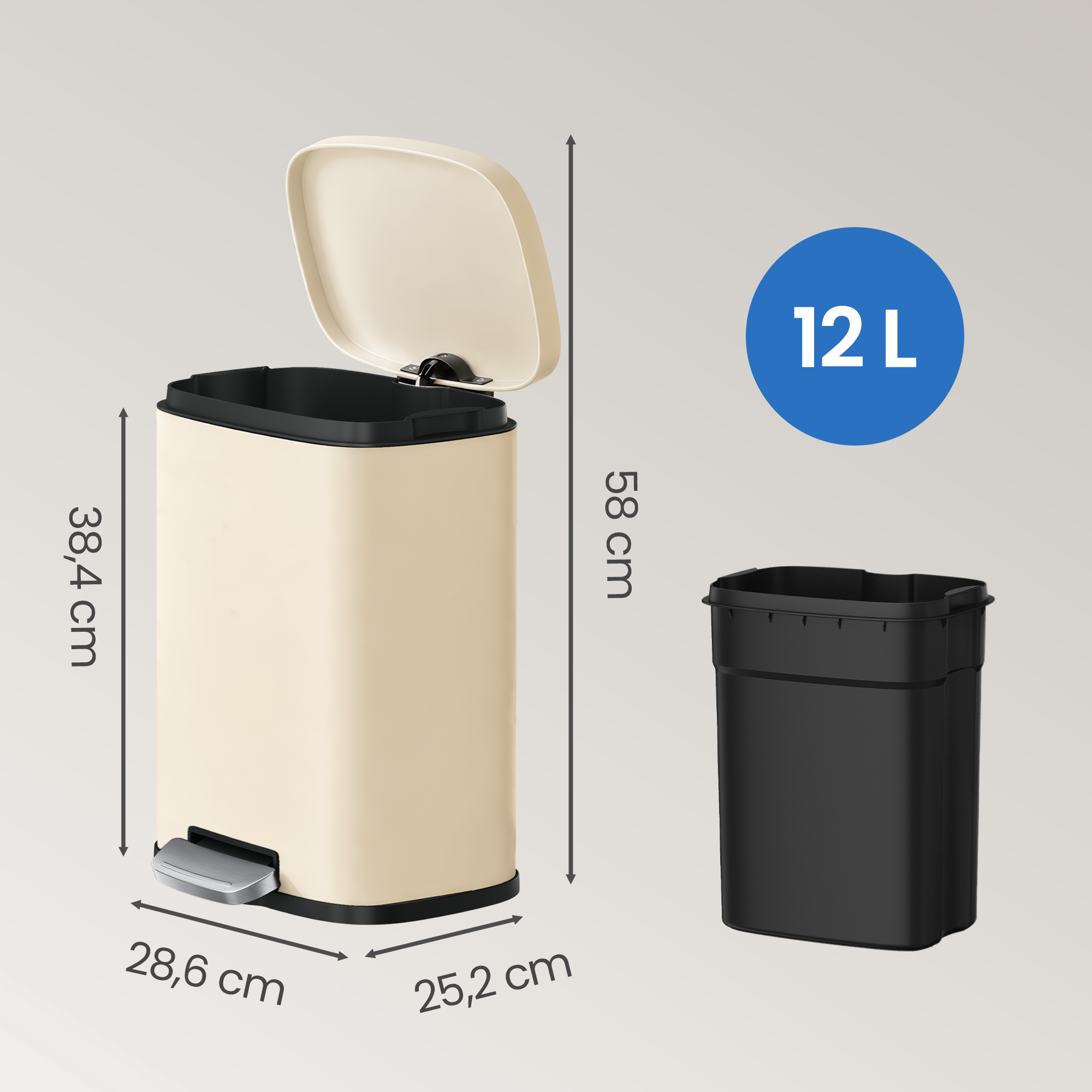 12L waste bin, pedal bin with inner bucket and soft-close mechanism, steel kitchen bin