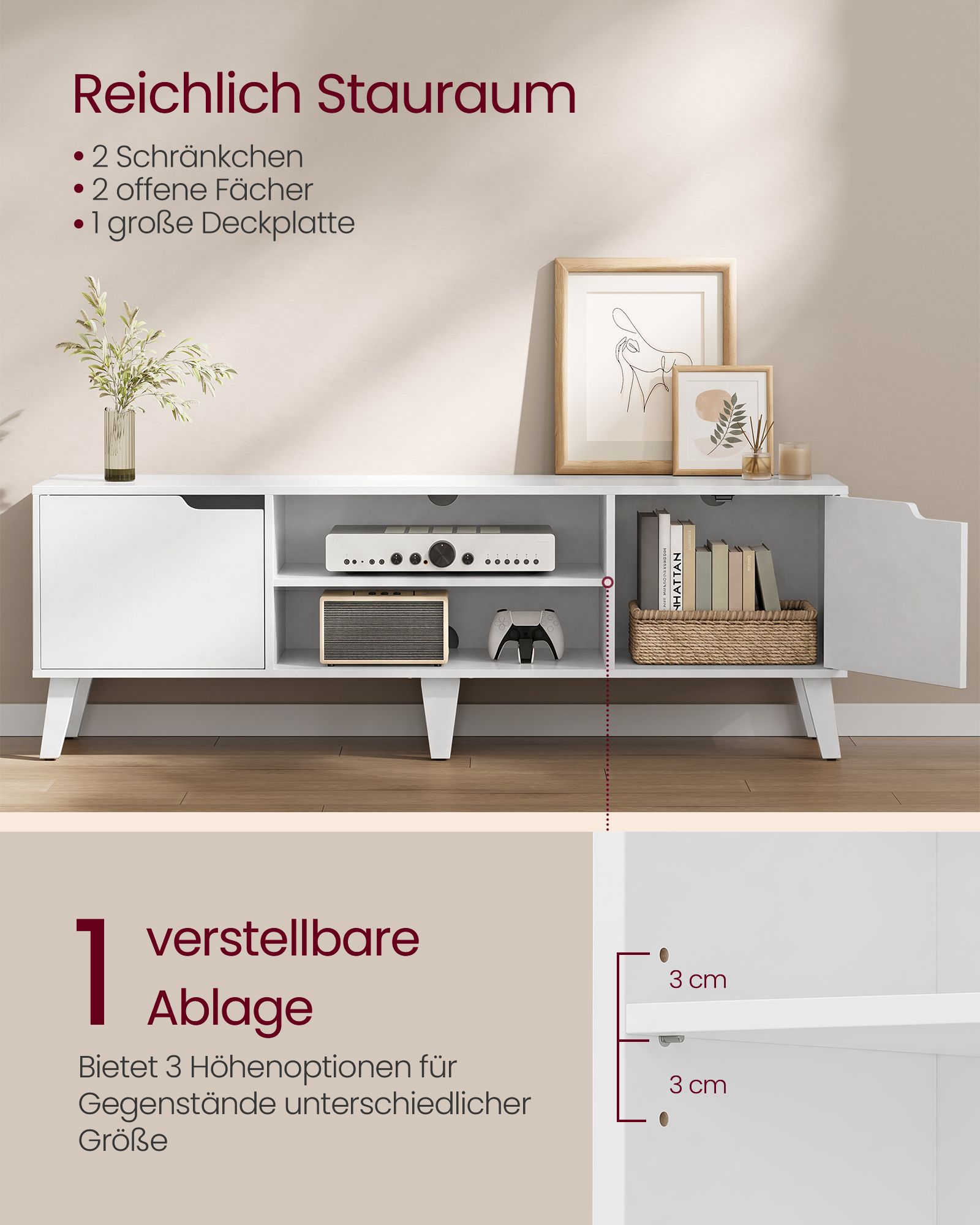 TV cabinet with adjustable shelf for TVs up to 65 inches