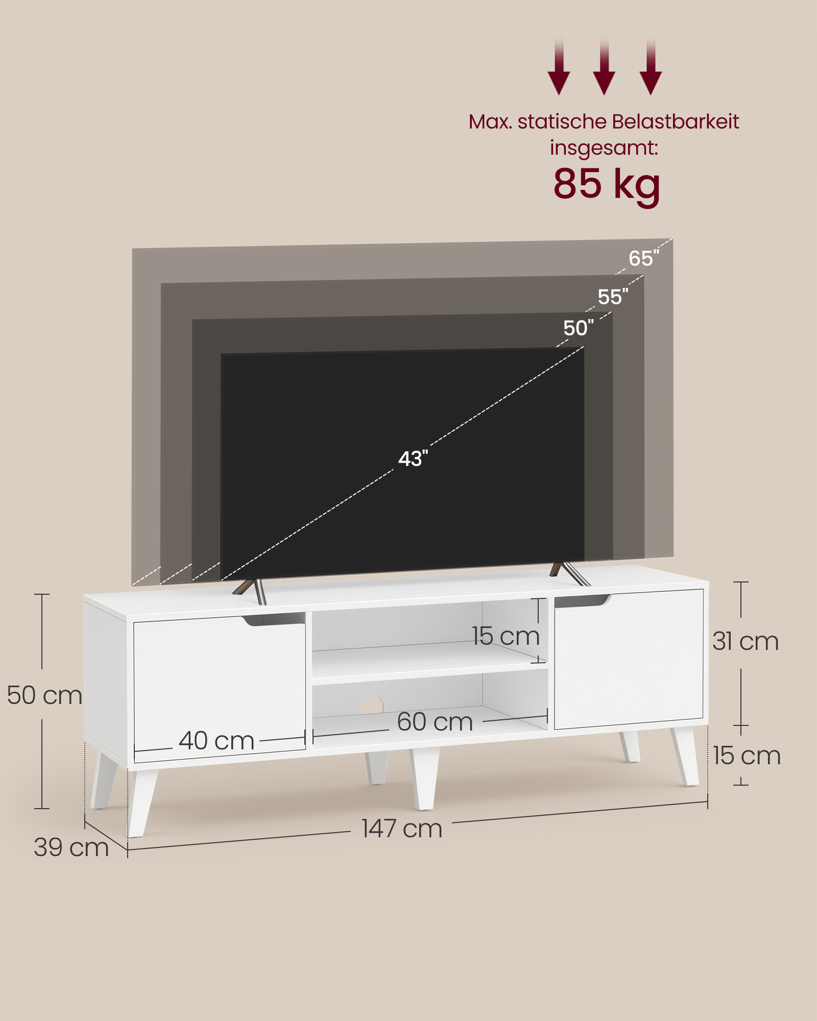 TV cabinet with adjustable shelf for TVs up to 65 inches
