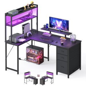 L-shaped corner desk, black, 140 x 100 x 150 cm, with LED lighting