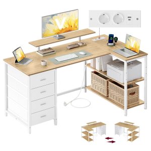 Corner desk, L-shaped, wheat yellow and matt white, 140 x 80 cm, USB