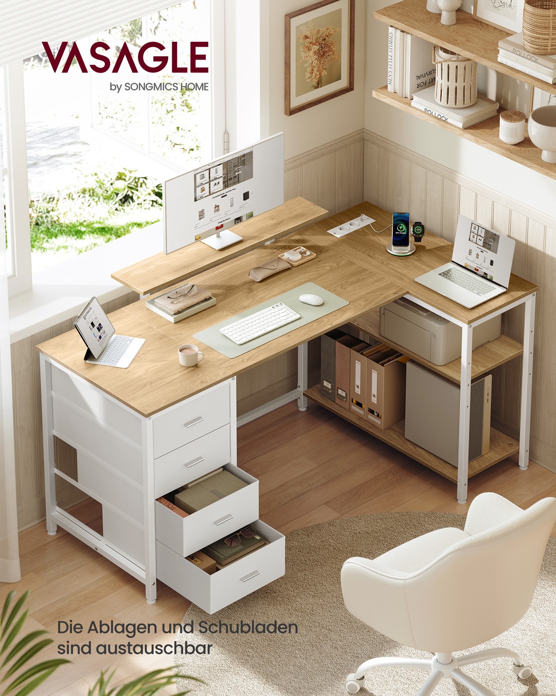 Corner desk, L-shaped, wheat yellow and matt white, 140 x 80 cm, USB