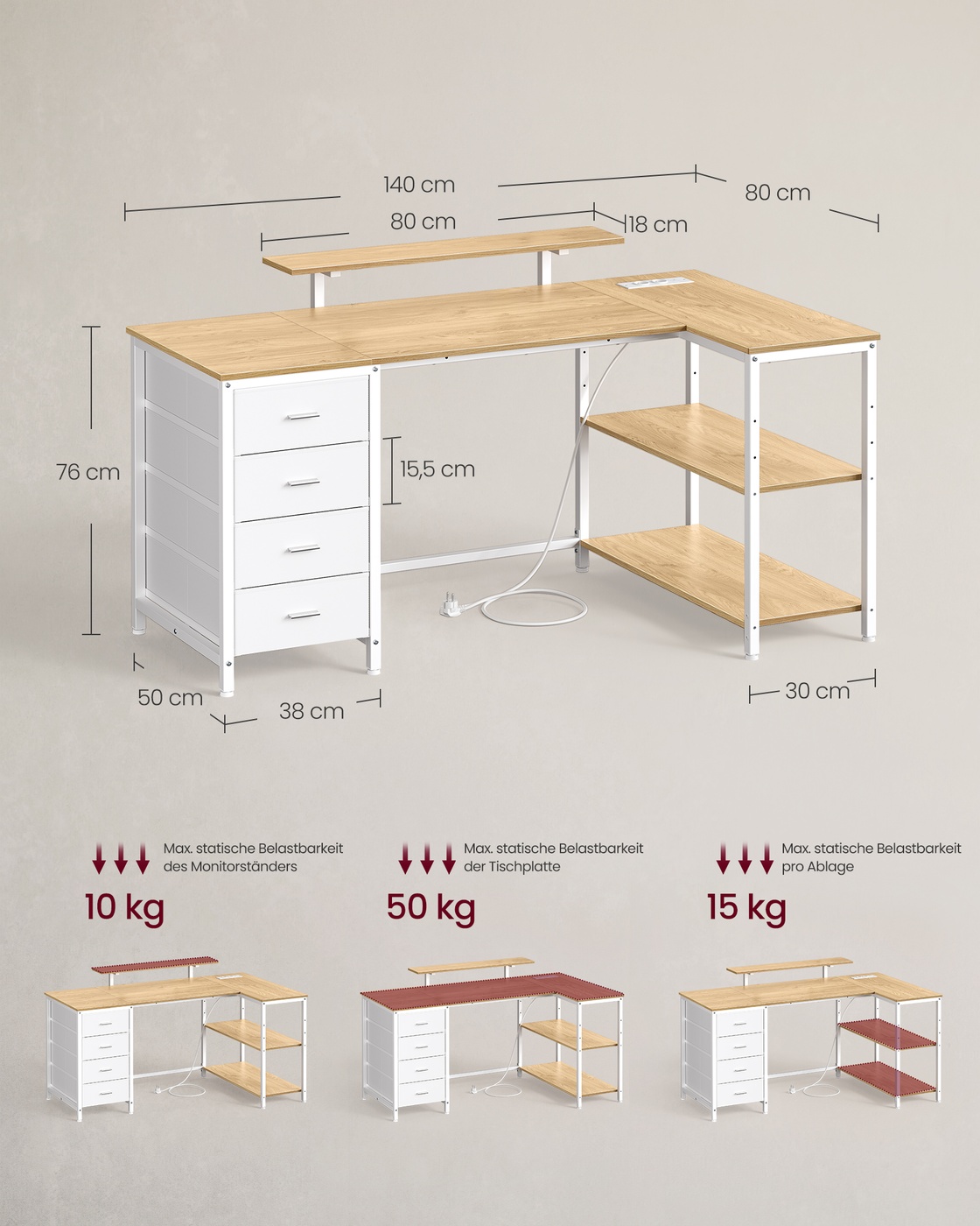 Corner desk, L-shaped, wheat yellow and matt white, 140 x 80 cm, USB