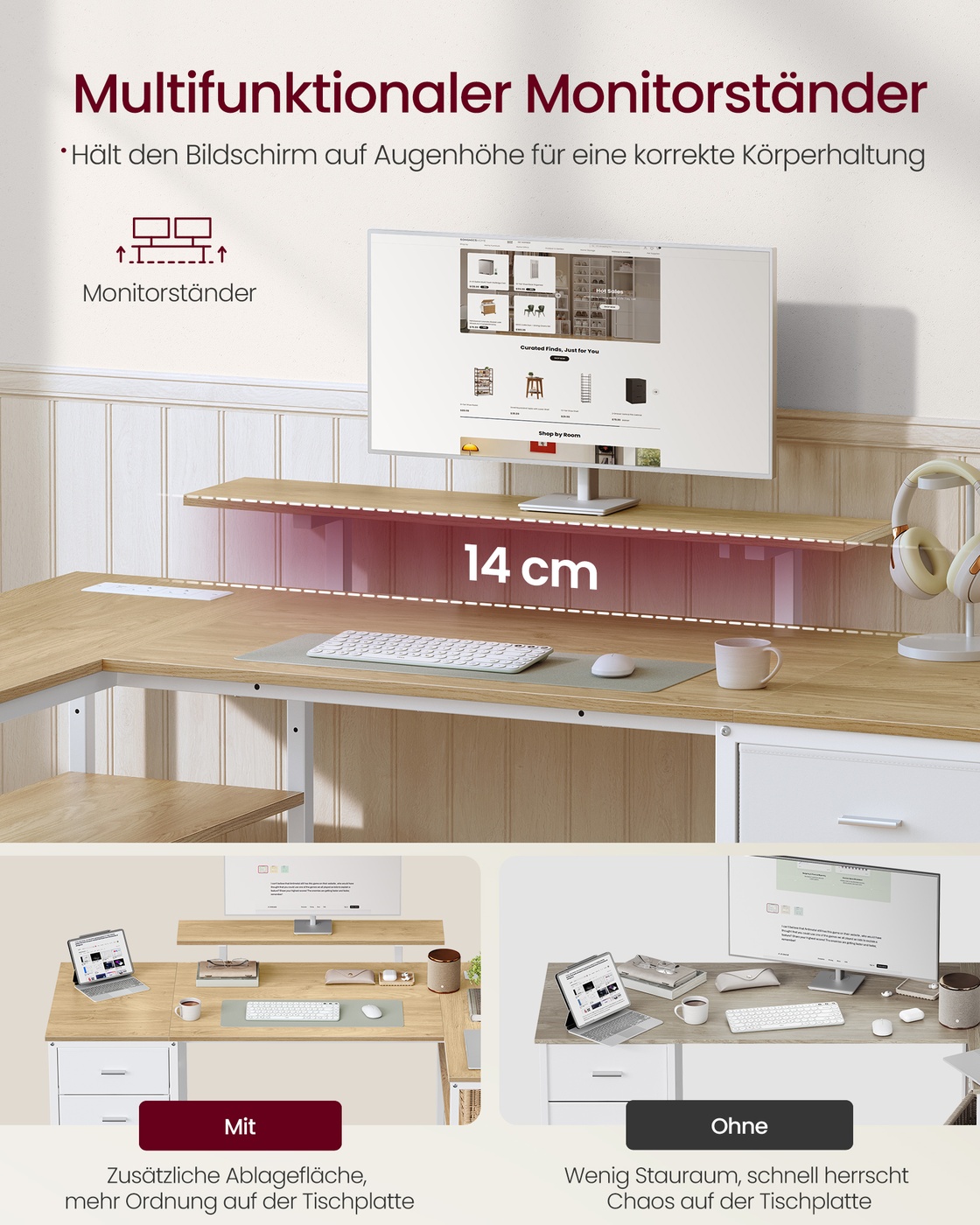 Corner desk, L-shaped, wheat yellow and matt white, 140 x 80 cm, USB