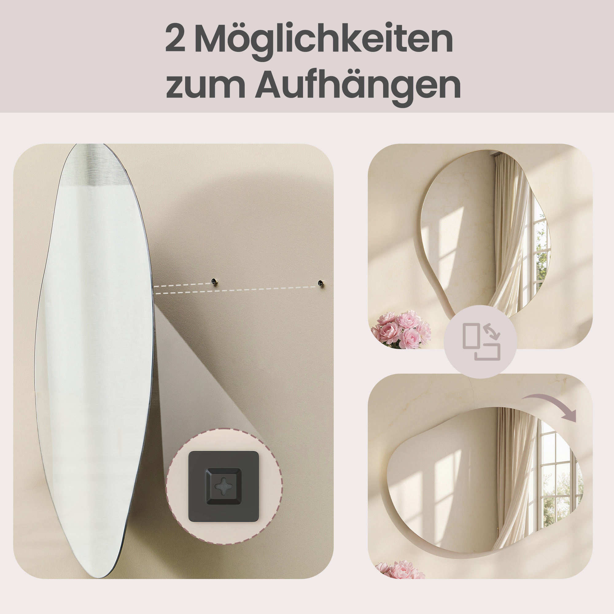Wall mirror, frameless mirror in a flower-petal shape, asymmetrical