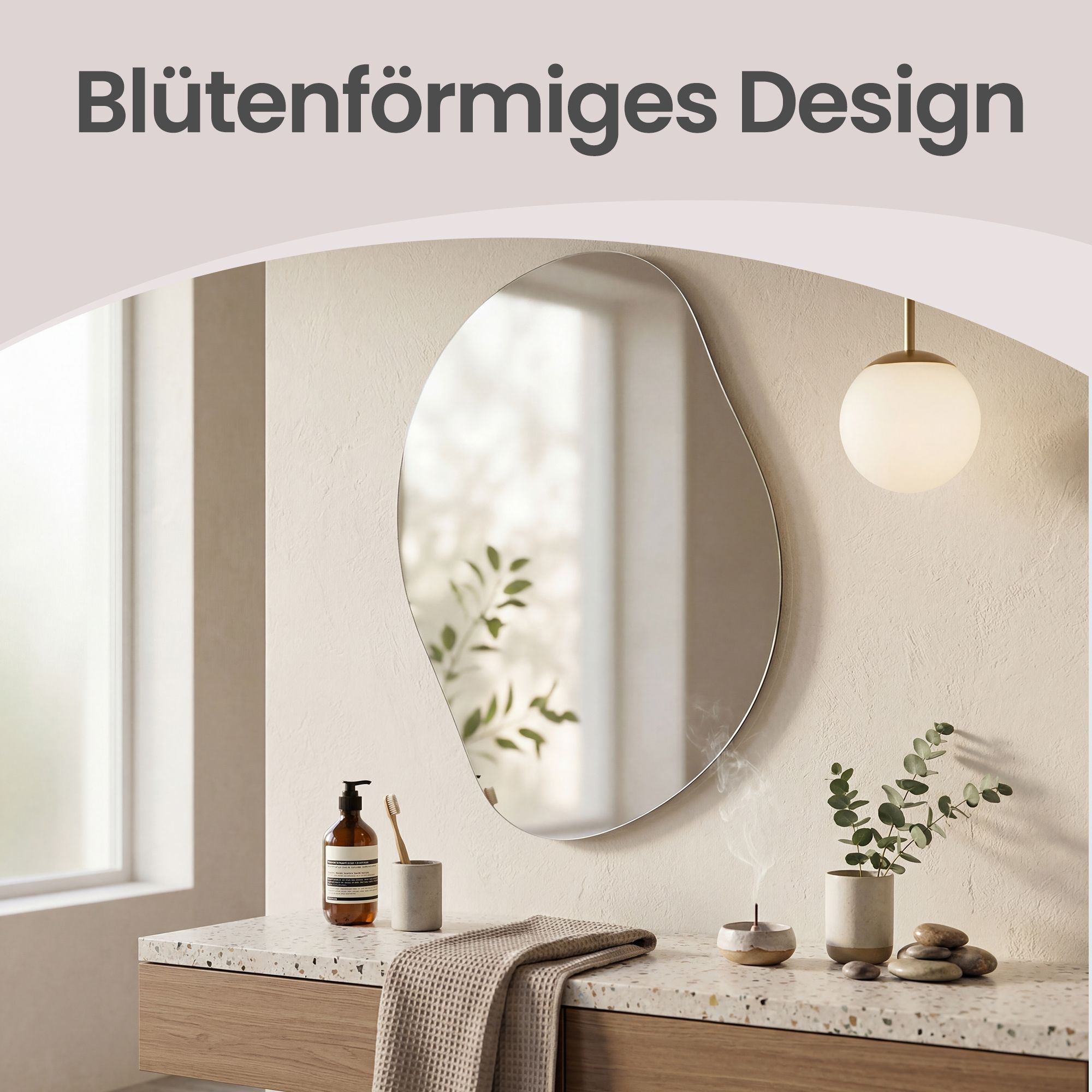 Wall mirror, frameless mirror in a flower-petal shape, asymmetrical