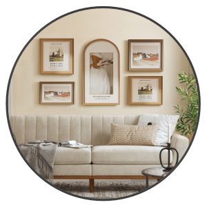 Round wall mirror with metal frame in matt black