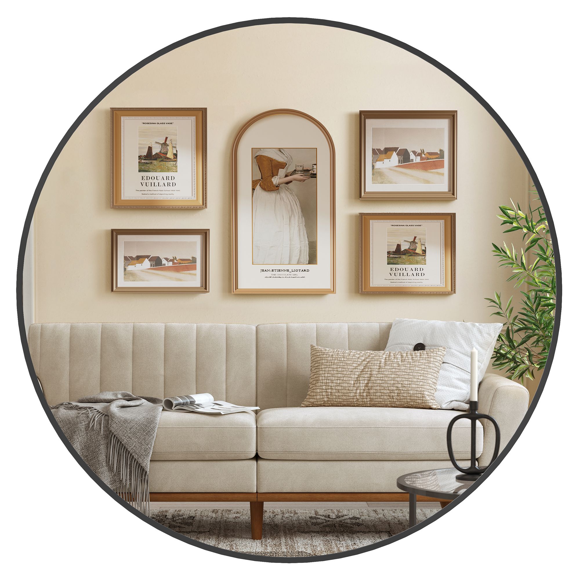 Round wall mirror with metal frame in matt black