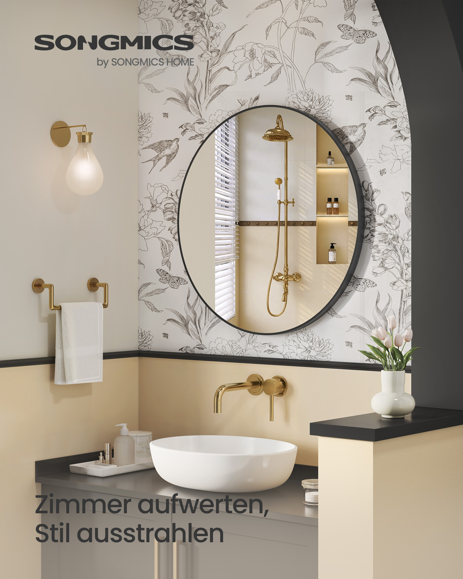 Round wall mirror with metal frame in matt black