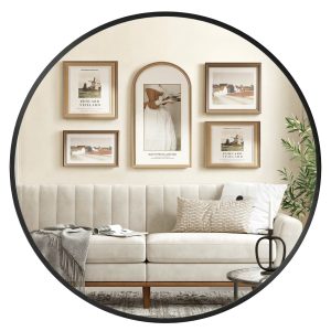 Round mirror, 105 cm, with ink-black metal frame