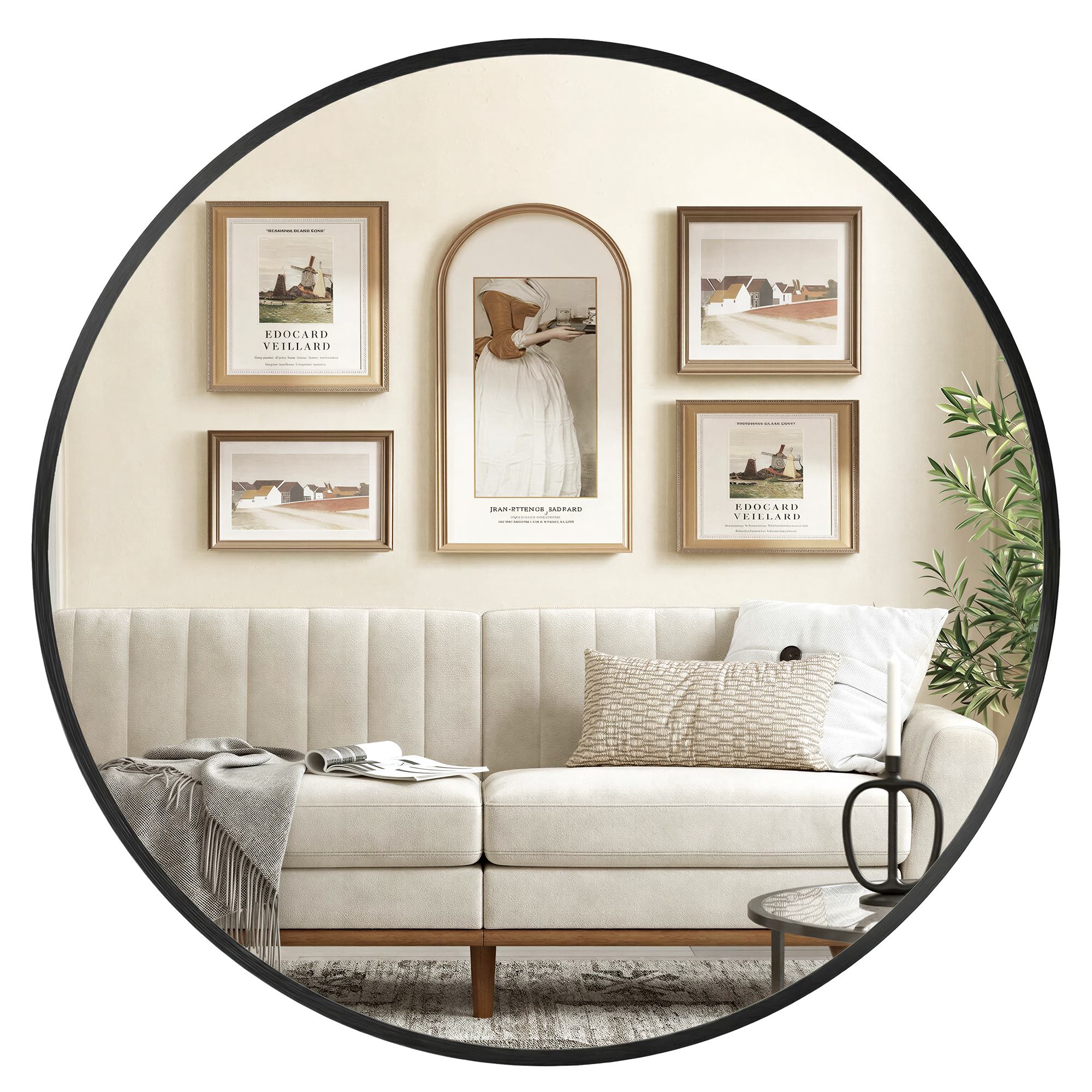 Round mirror, 105 cm, with ink-black metal frame