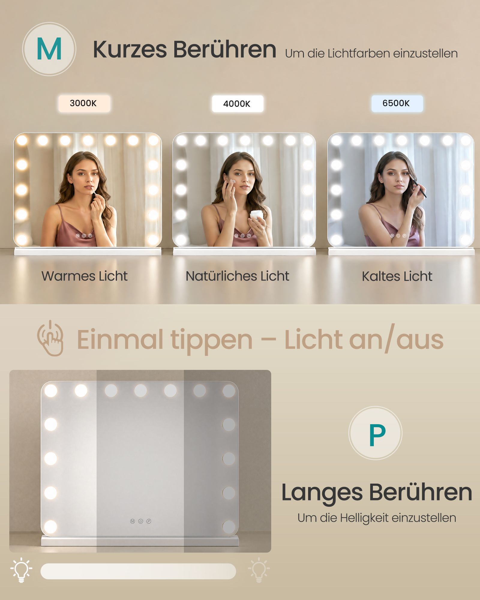 Hollywood make-up mirror with 15 dimmable LEDs