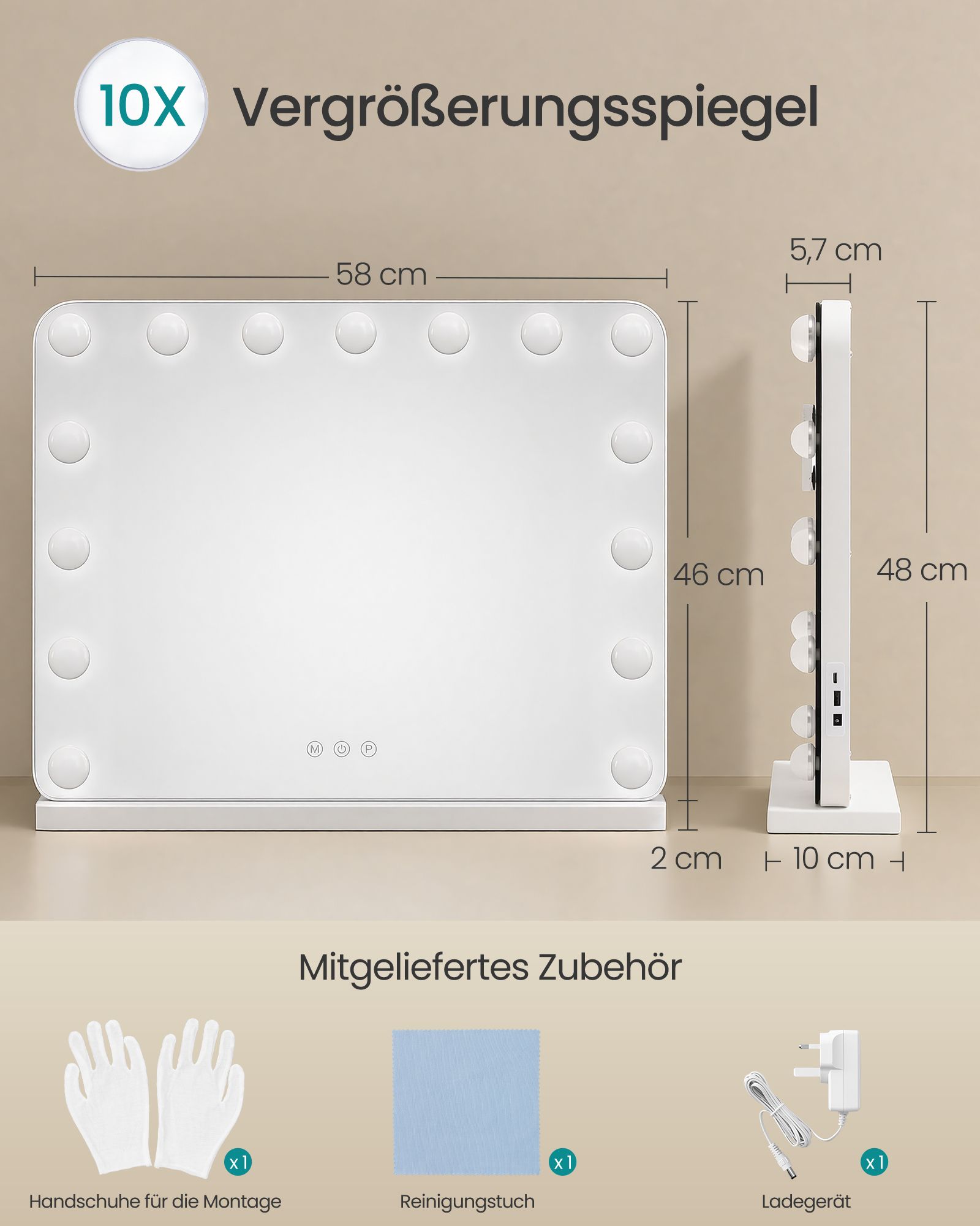 Hollywood make-up mirror with 15 dimmable LEDs