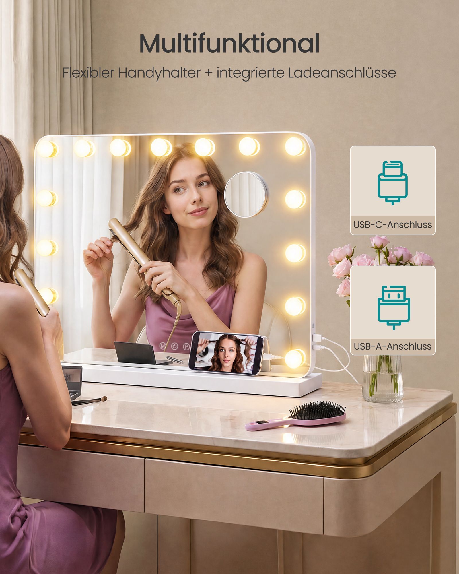Hollywood make-up mirror with 15 dimmable LEDs