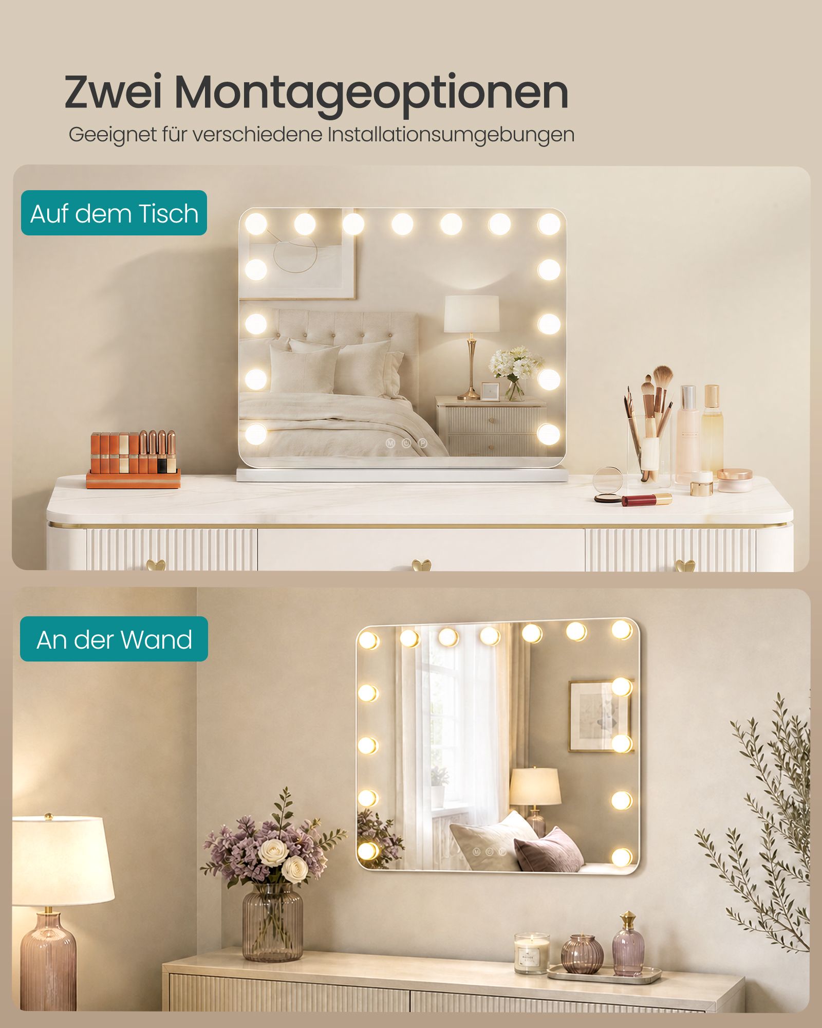 Hollywood make-up mirror with 15 dimmable LEDs