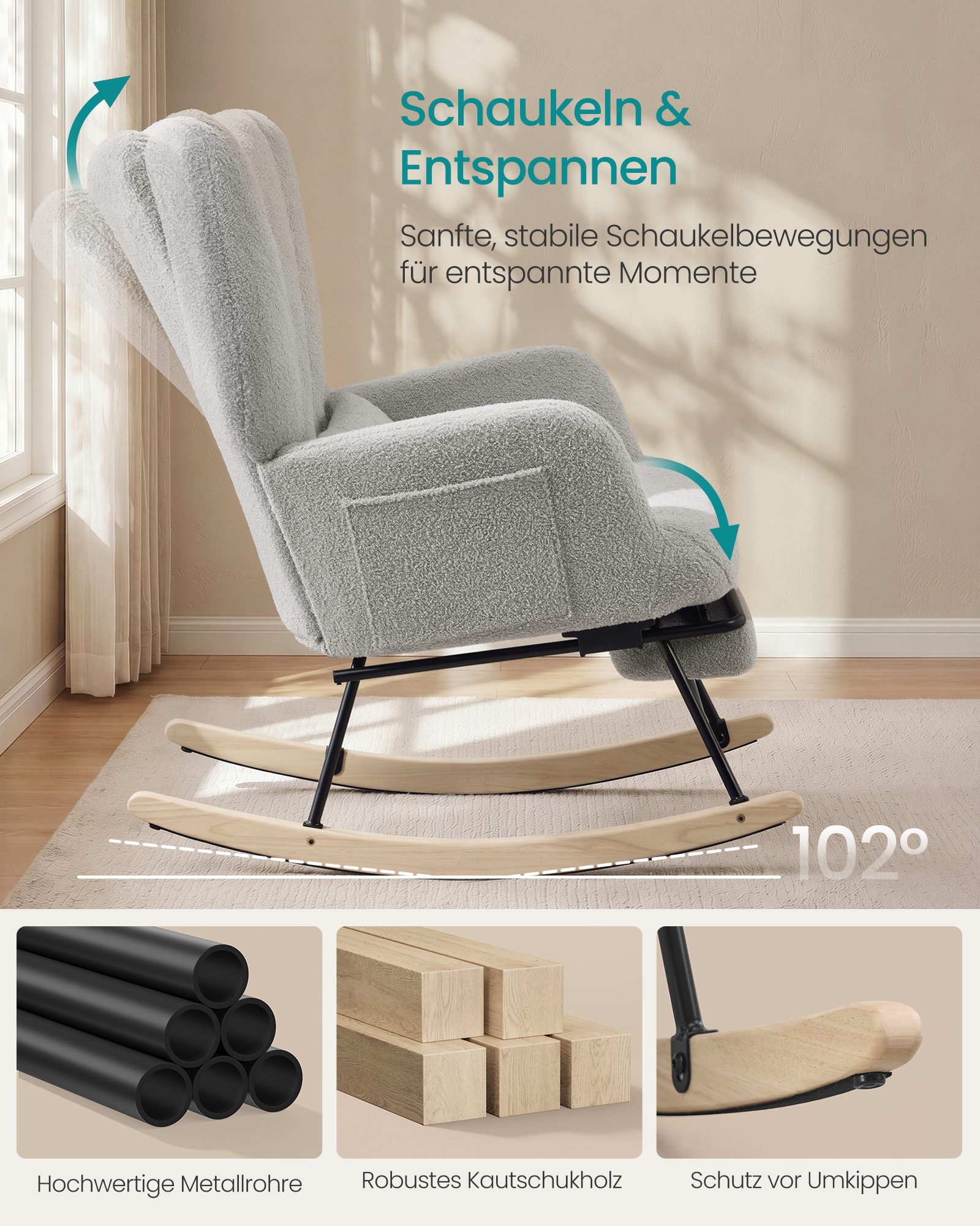 Rocking chair in dove grey with footrest and removable cushion