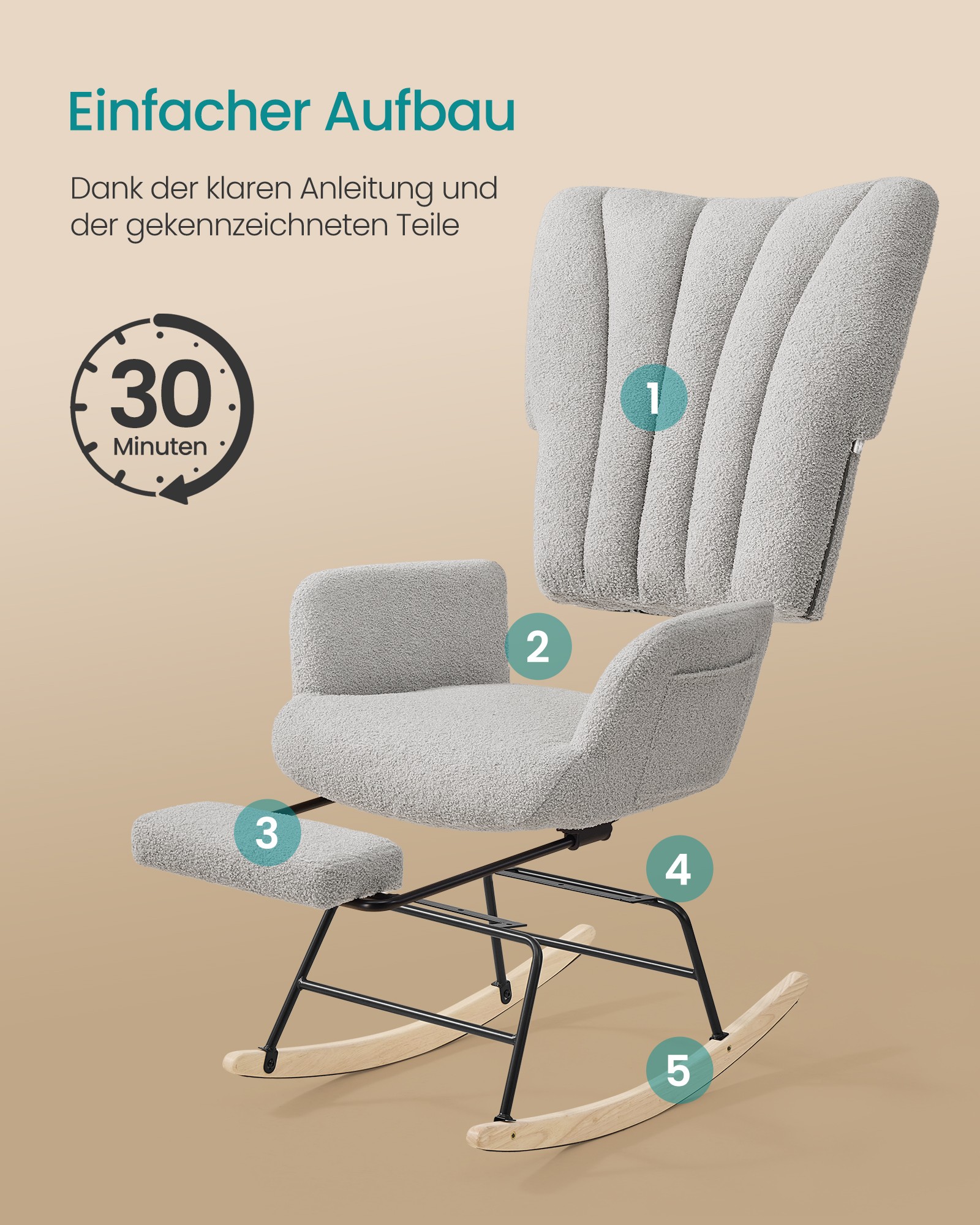 Rocking chair in dove grey with footrest and removable cushion