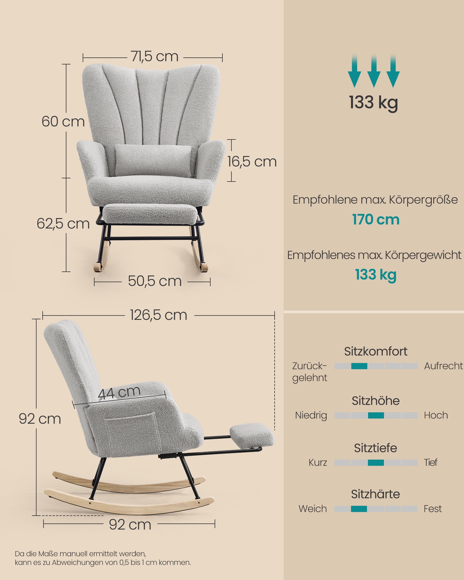 Rocking chair in dove grey with footrest and removable cushion