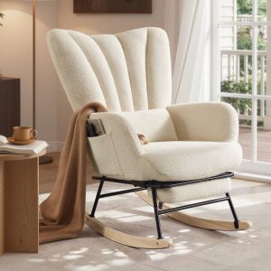 Cream-white rocking chair with footrest and removable cushion