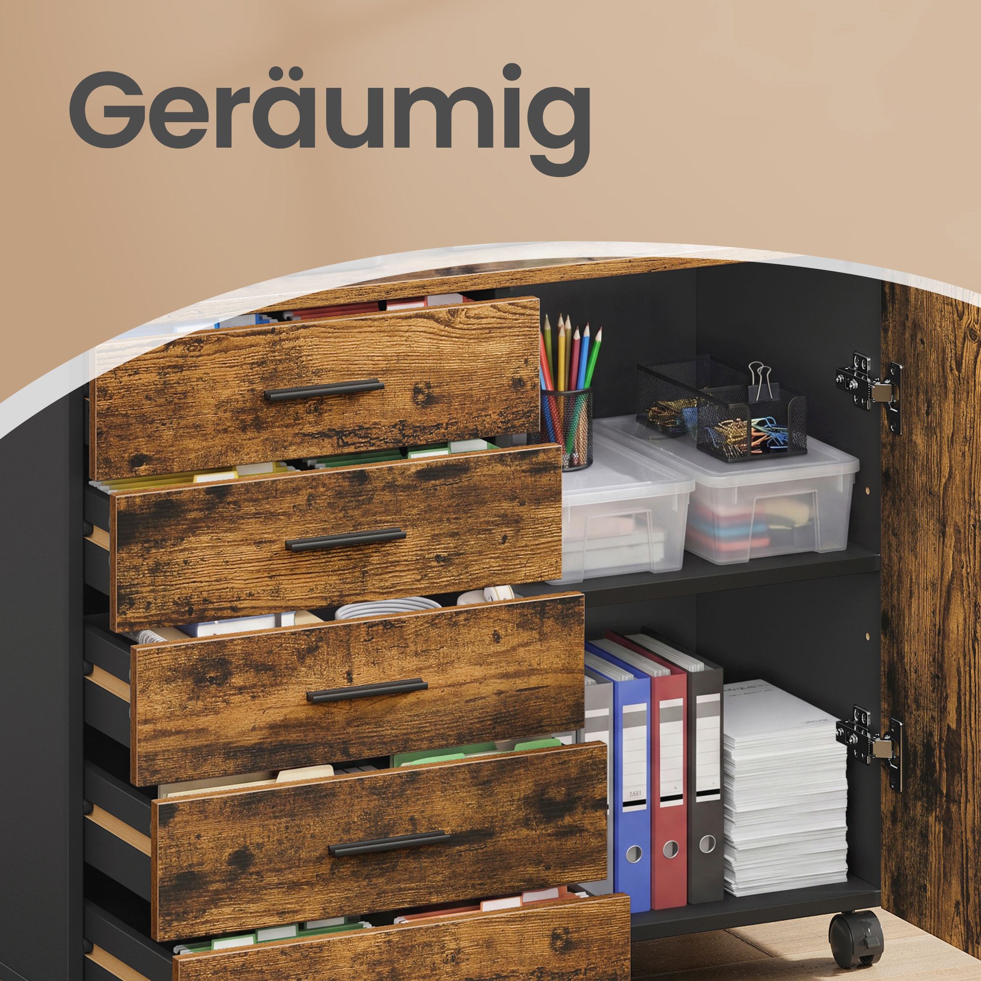 Rolling cabinet, filing cabinet, cabinet with door