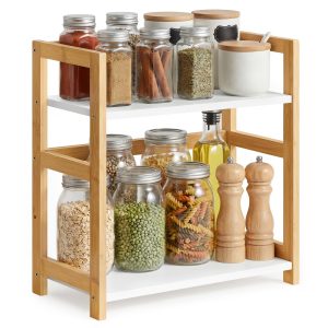 Spice rack with 2 shelves made of bamboo in natural beige and snow white