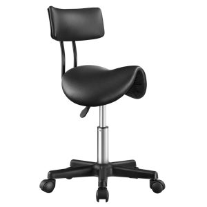 Saddle stool, black PU leather, height-adjustable, 56 x 56 x 68.5–82.5 cm
