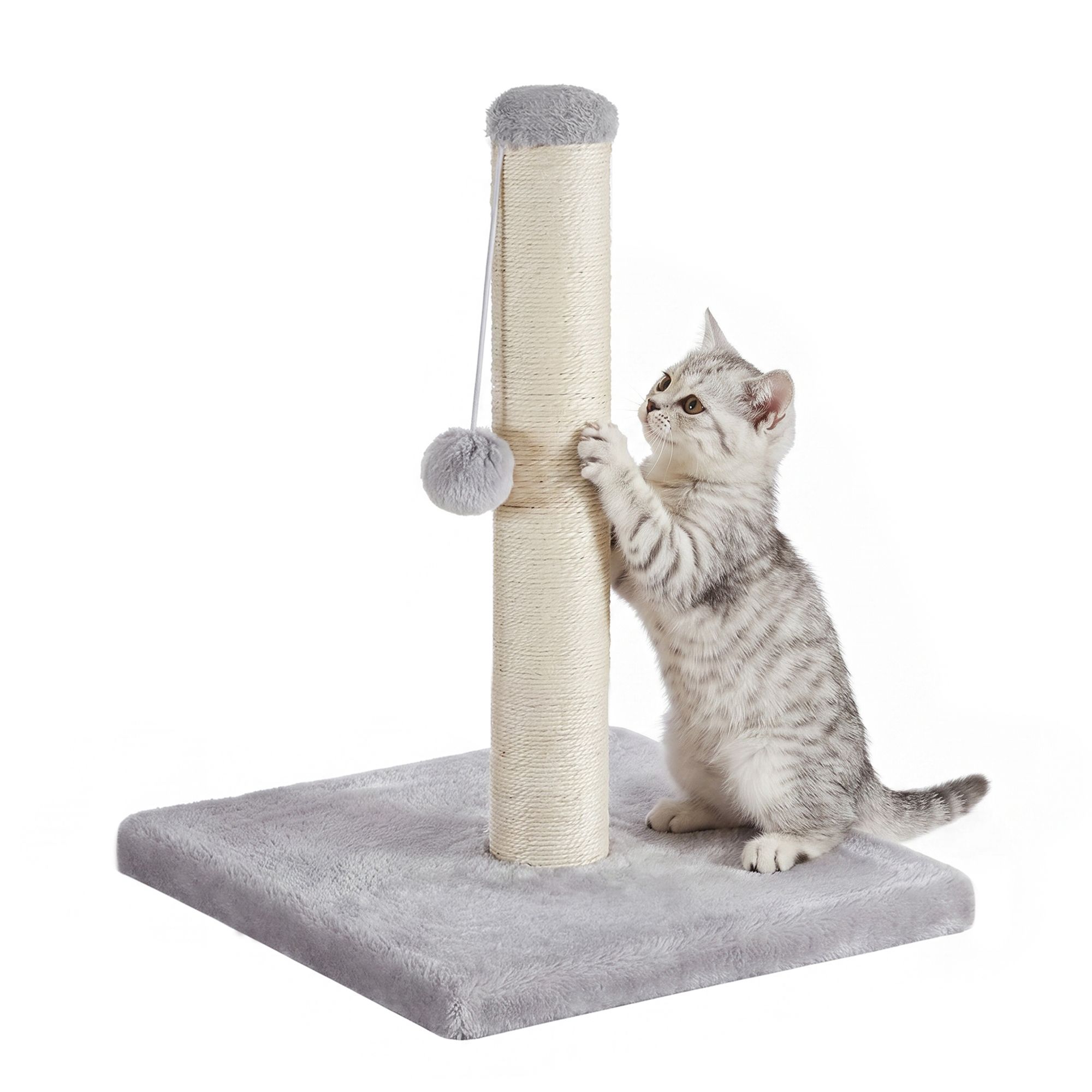 Small scratching post with sisal trunk and plush ball, dove grey