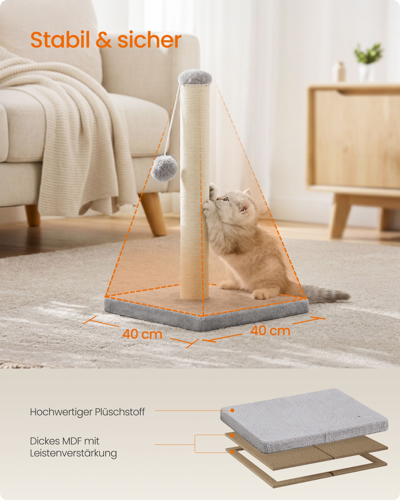 Small scratching post with sisal trunk and plush ball, dove grey