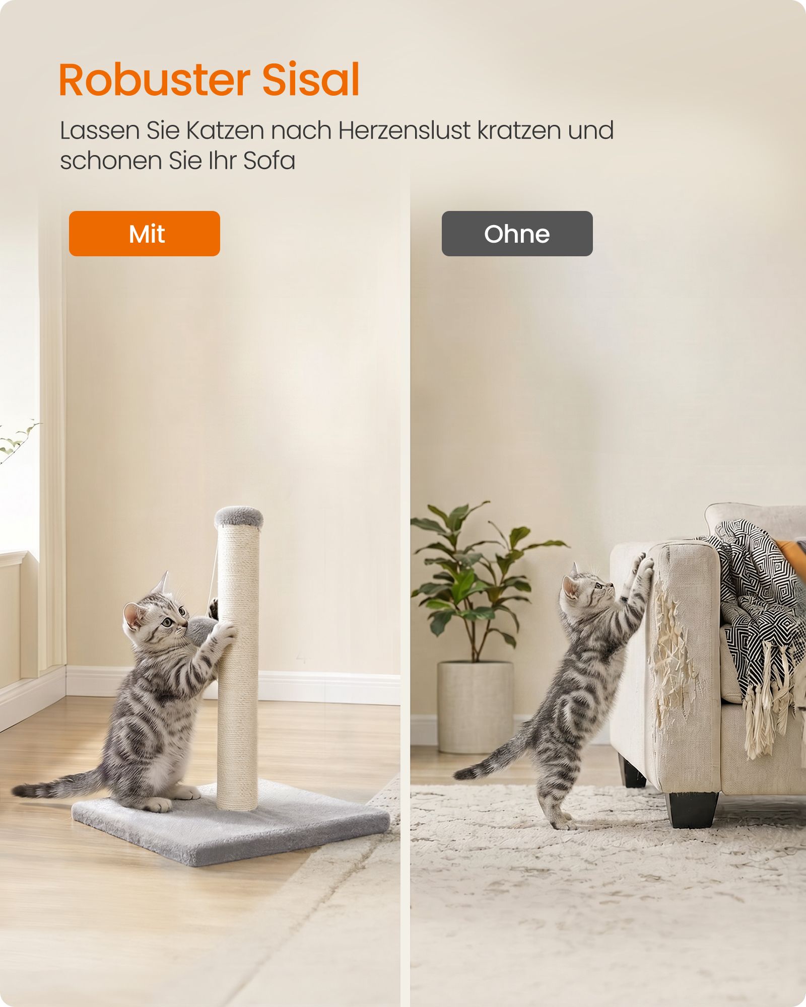 Small scratching post with sisal trunk and plush ball, dove grey