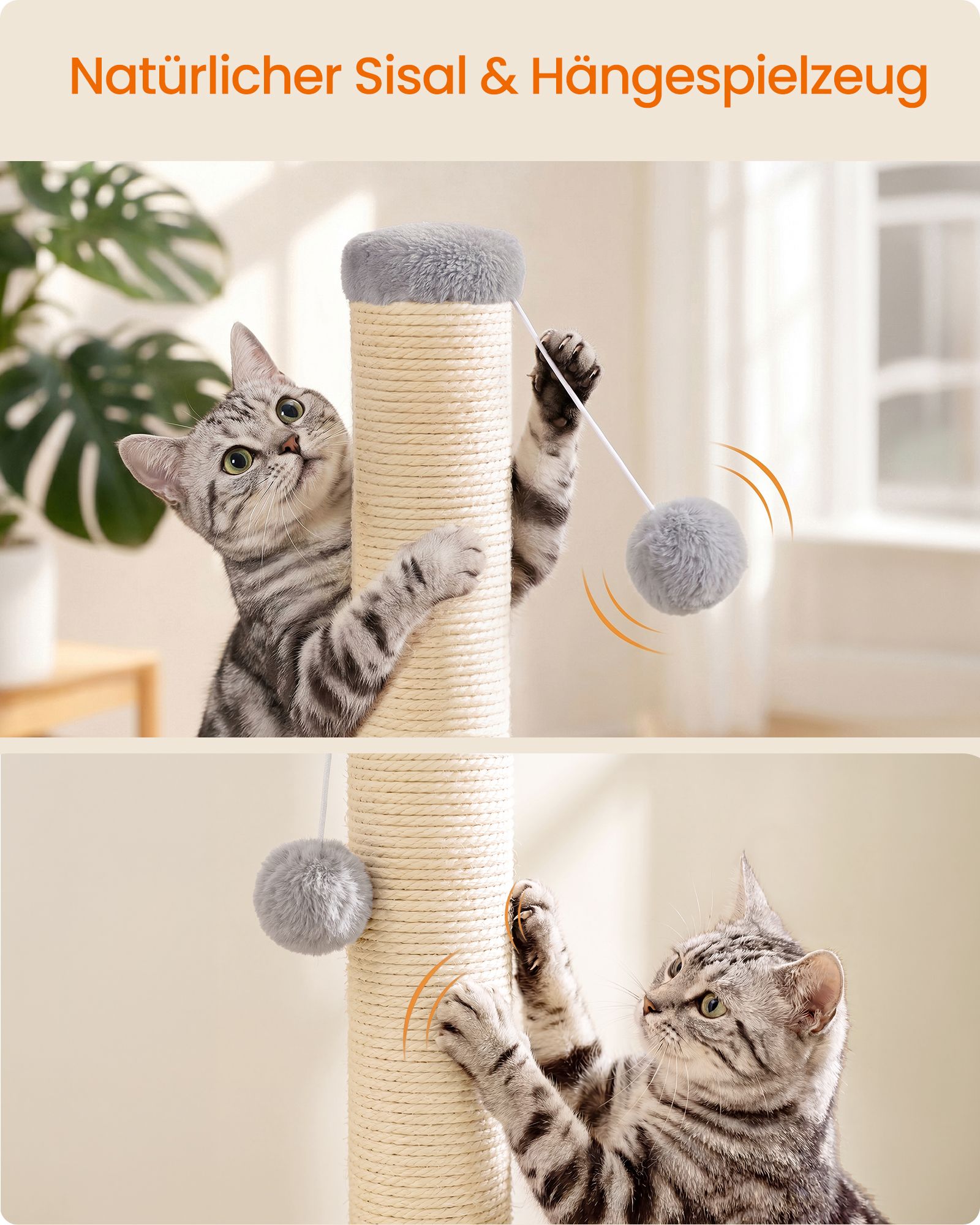 Small scratching post with sisal trunk and plush ball, dove grey