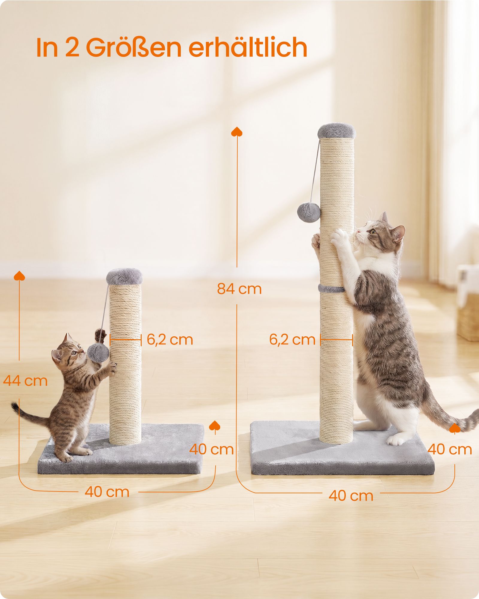 Small scratching post with sisal trunk and plush ball, dove grey