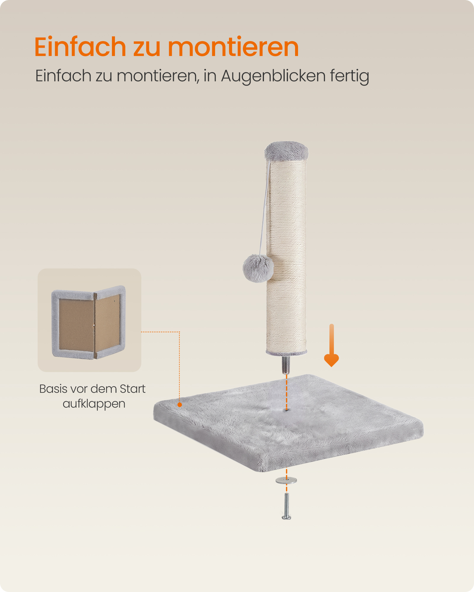 Small scratching post with sisal trunk and plush ball, dove grey
