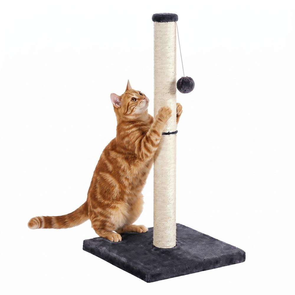 Sturdy natural sisal scratching post with toy, dark grey
