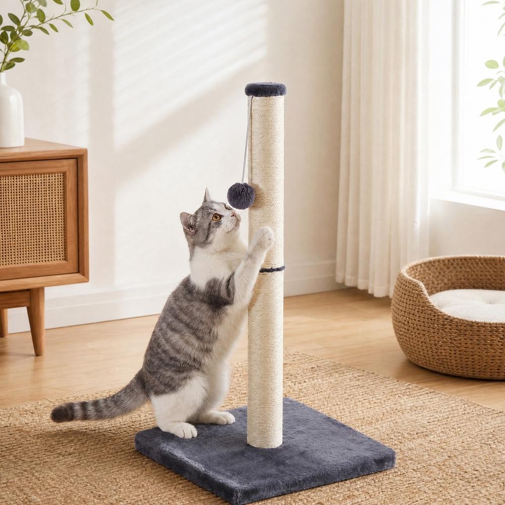 Sturdy natural sisal scratching post with toy, dark grey
