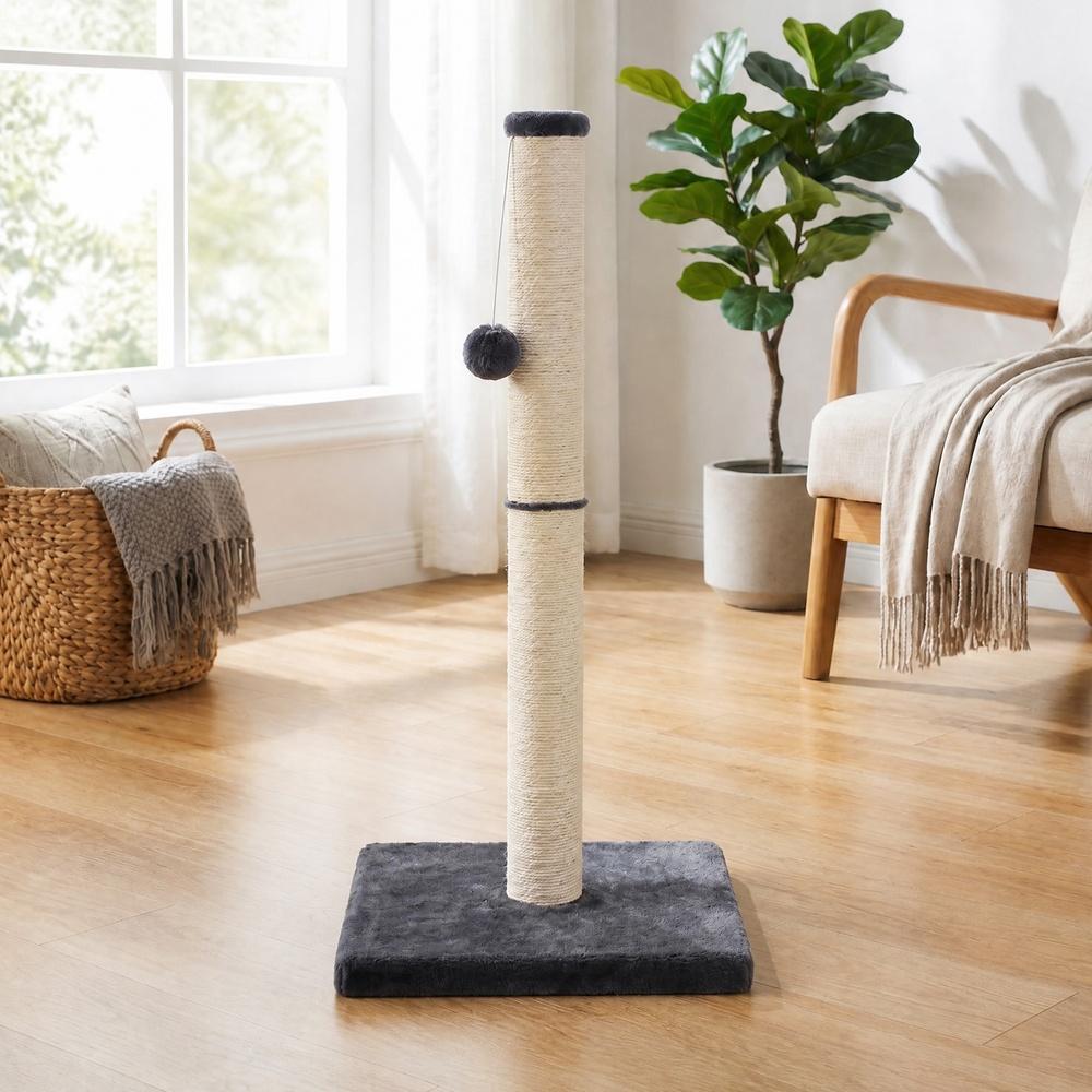 Sturdy natural sisal scratching post with toy, dark grey