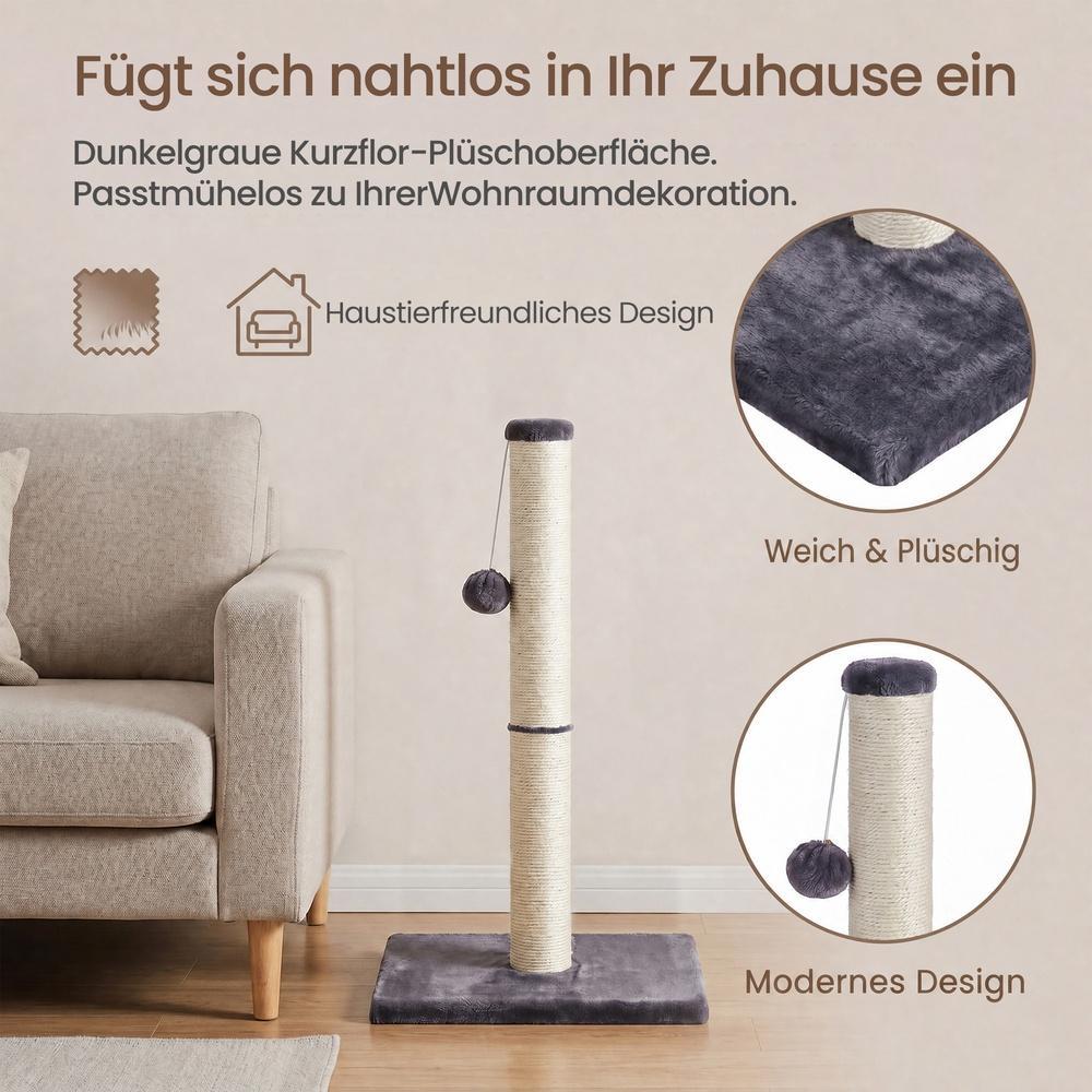 Sturdy natural sisal scratching post with toy, dark grey