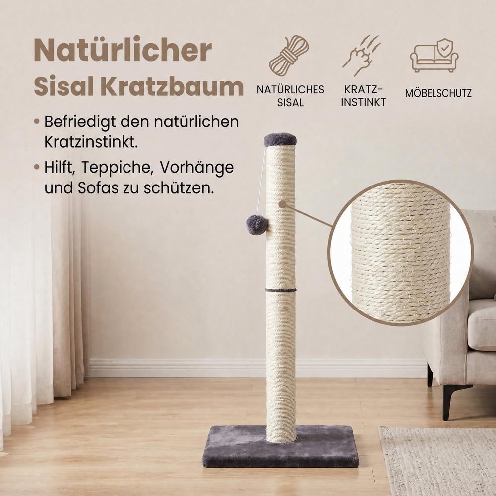 Sturdy natural sisal scratching post with toy, dark grey