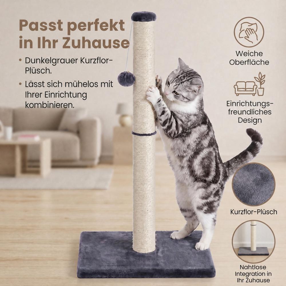 Sturdy natural sisal scratching post with toy, dark grey