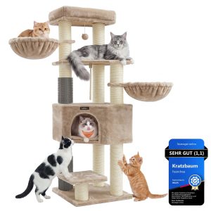 Beige 160 cm cat tree with self-heating blanket