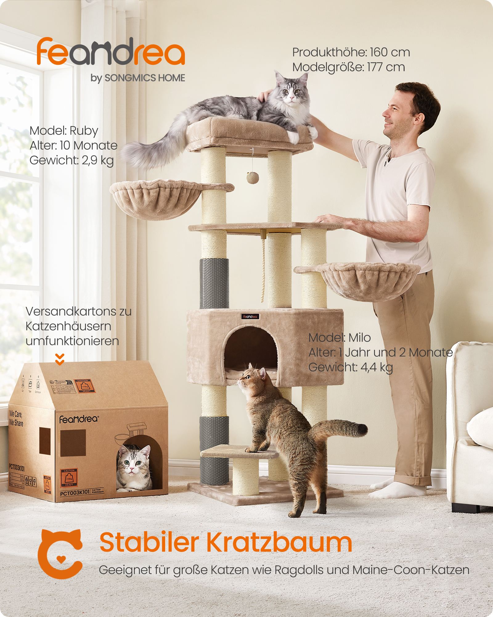 Beige 160 cm cat tree with self-heating blanket