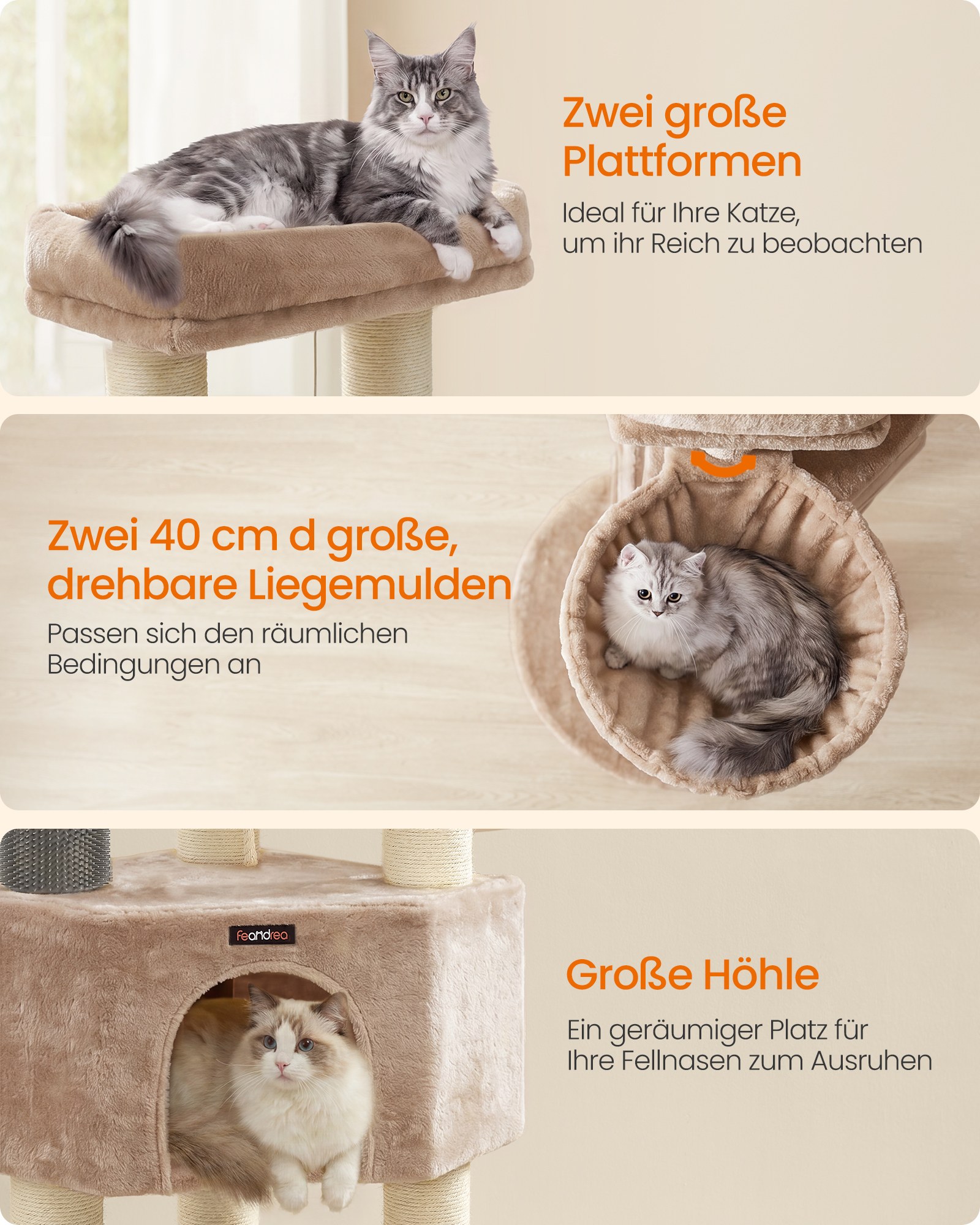 Beige 160 cm cat tree with self-heating blanket