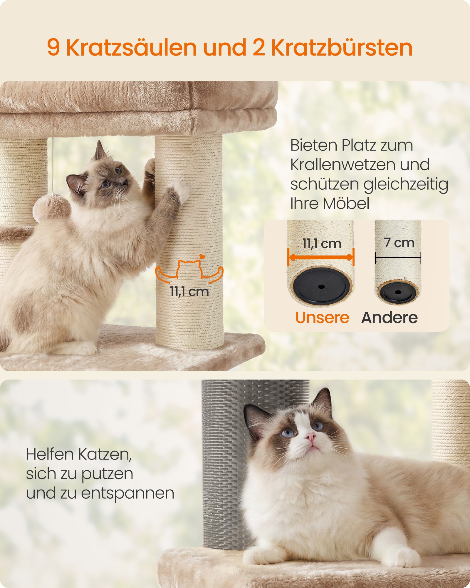 Beige 160 cm cat tree with self-heating blanket