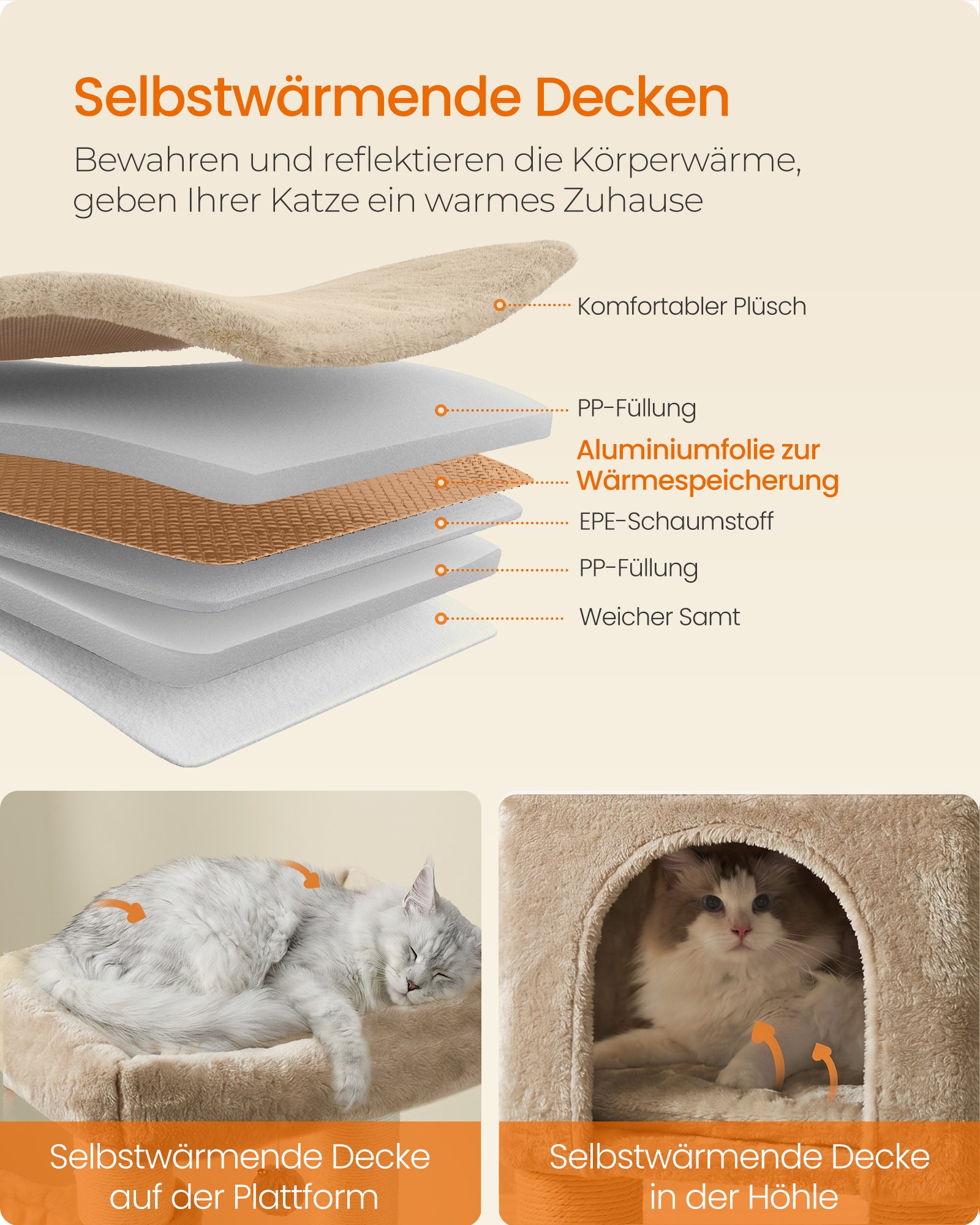 Beige 160 cm cat tree with self-heating blanket