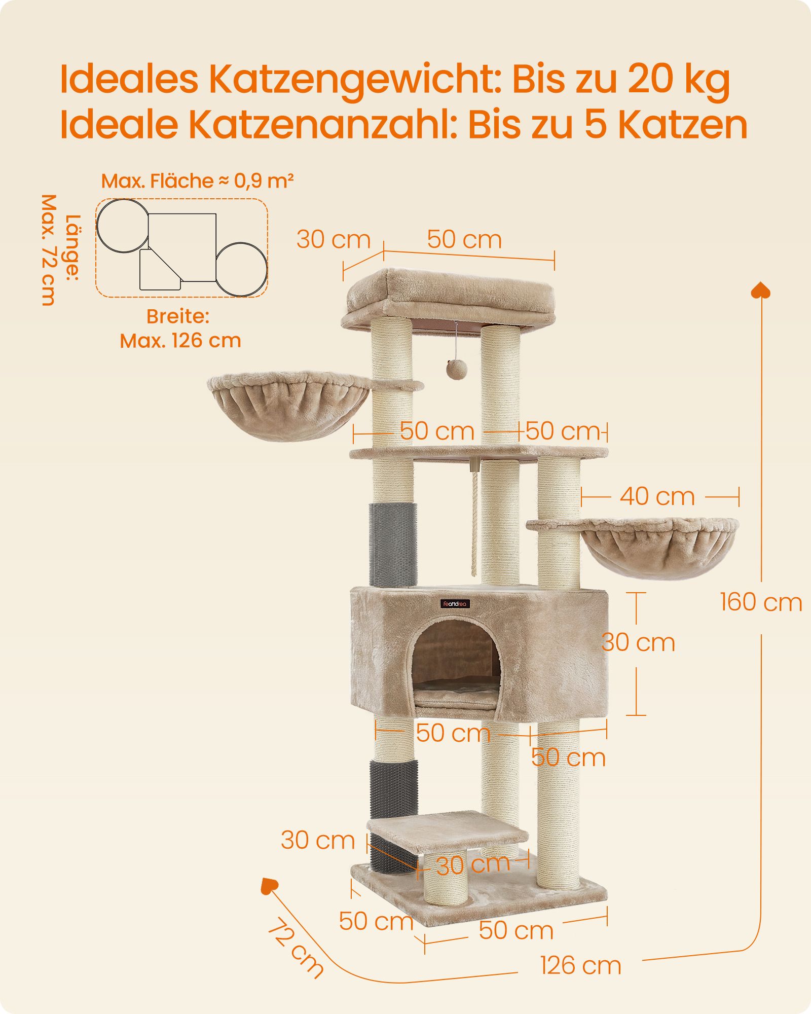 Beige 160 cm cat tree with self-heating blanket