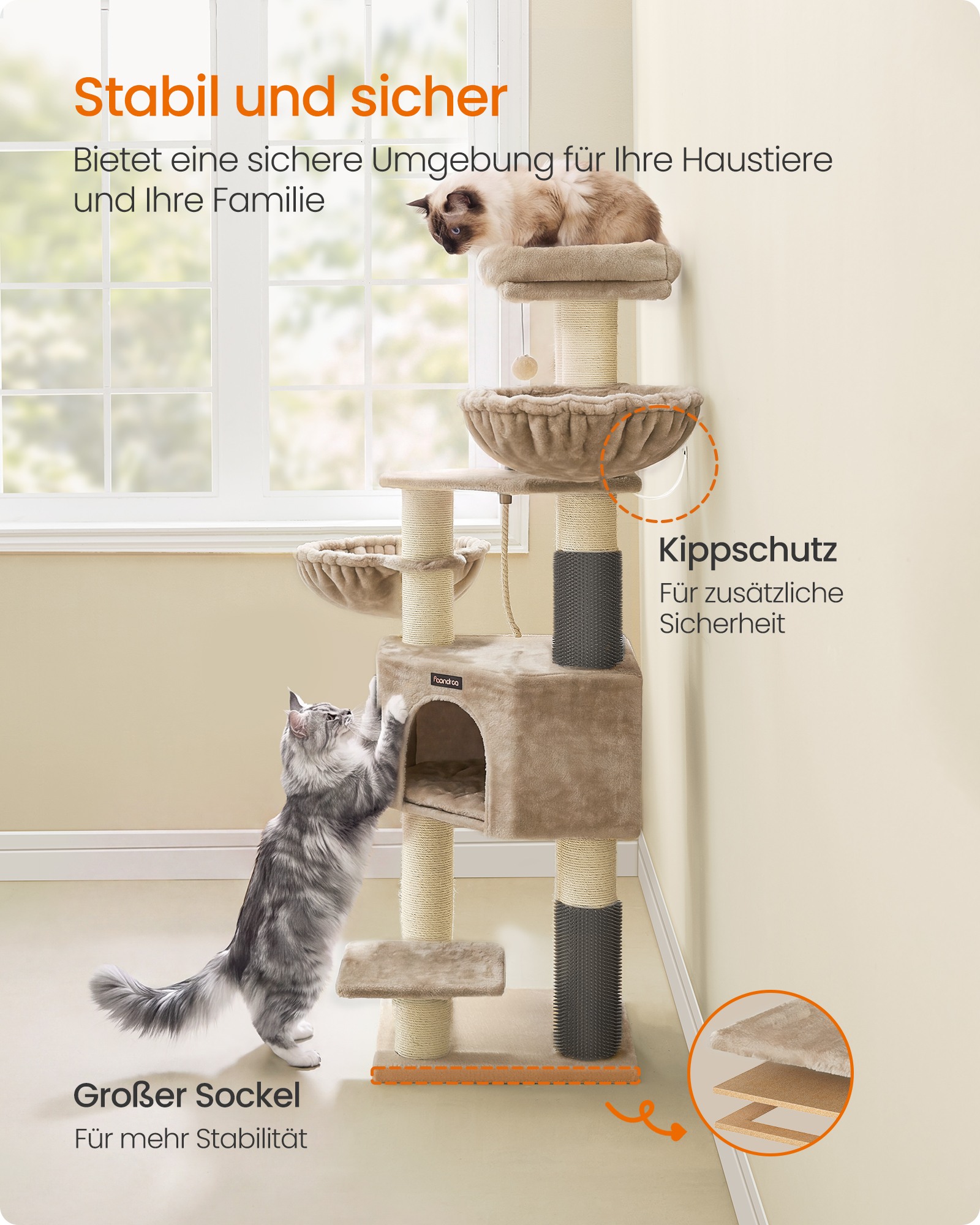 Beige 160 cm cat tree with self-heating blanket