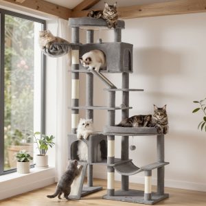 Large cat tree with six resting areas and sisal posts in dove grey