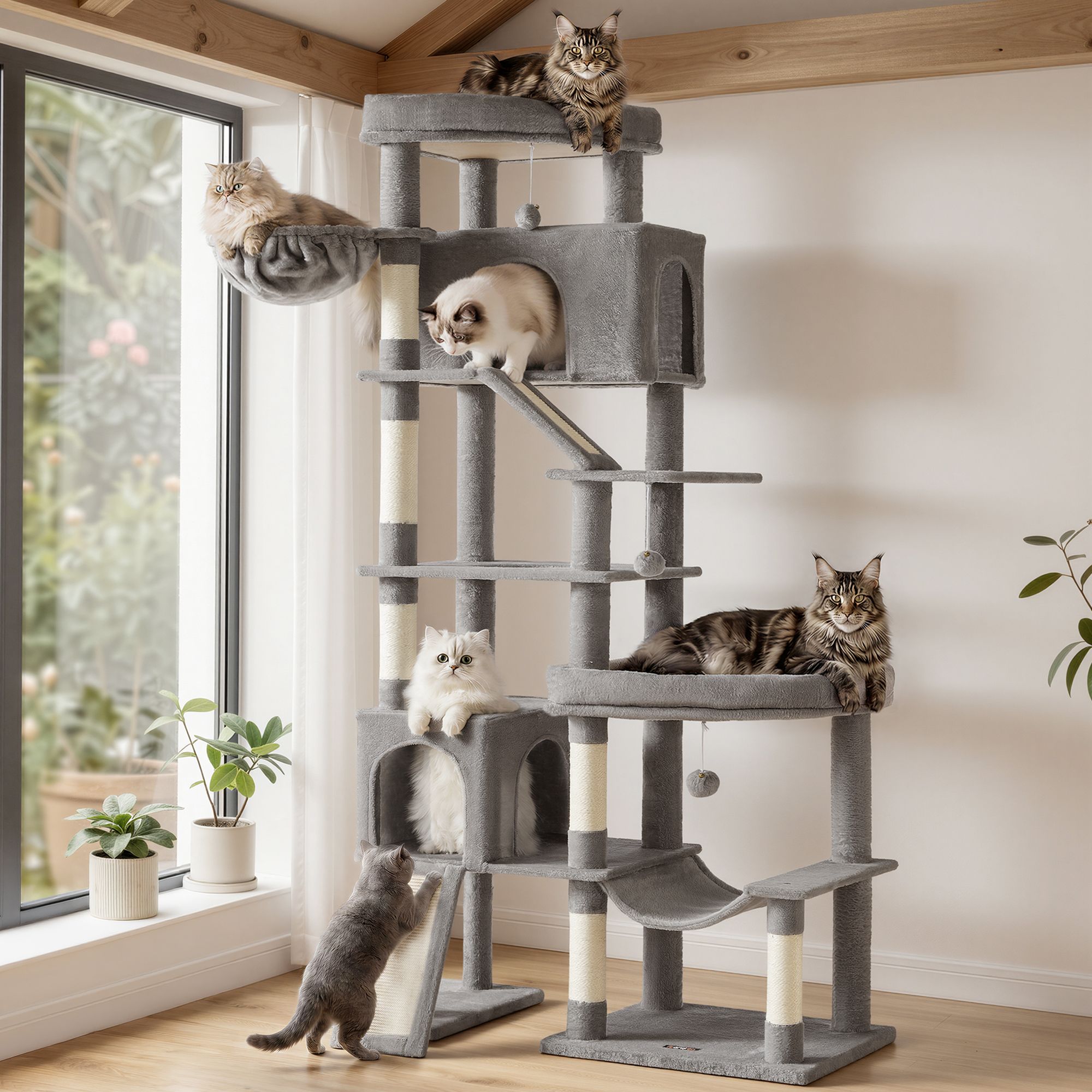 Large cat tree with six resting areas and sisal posts in dove grey