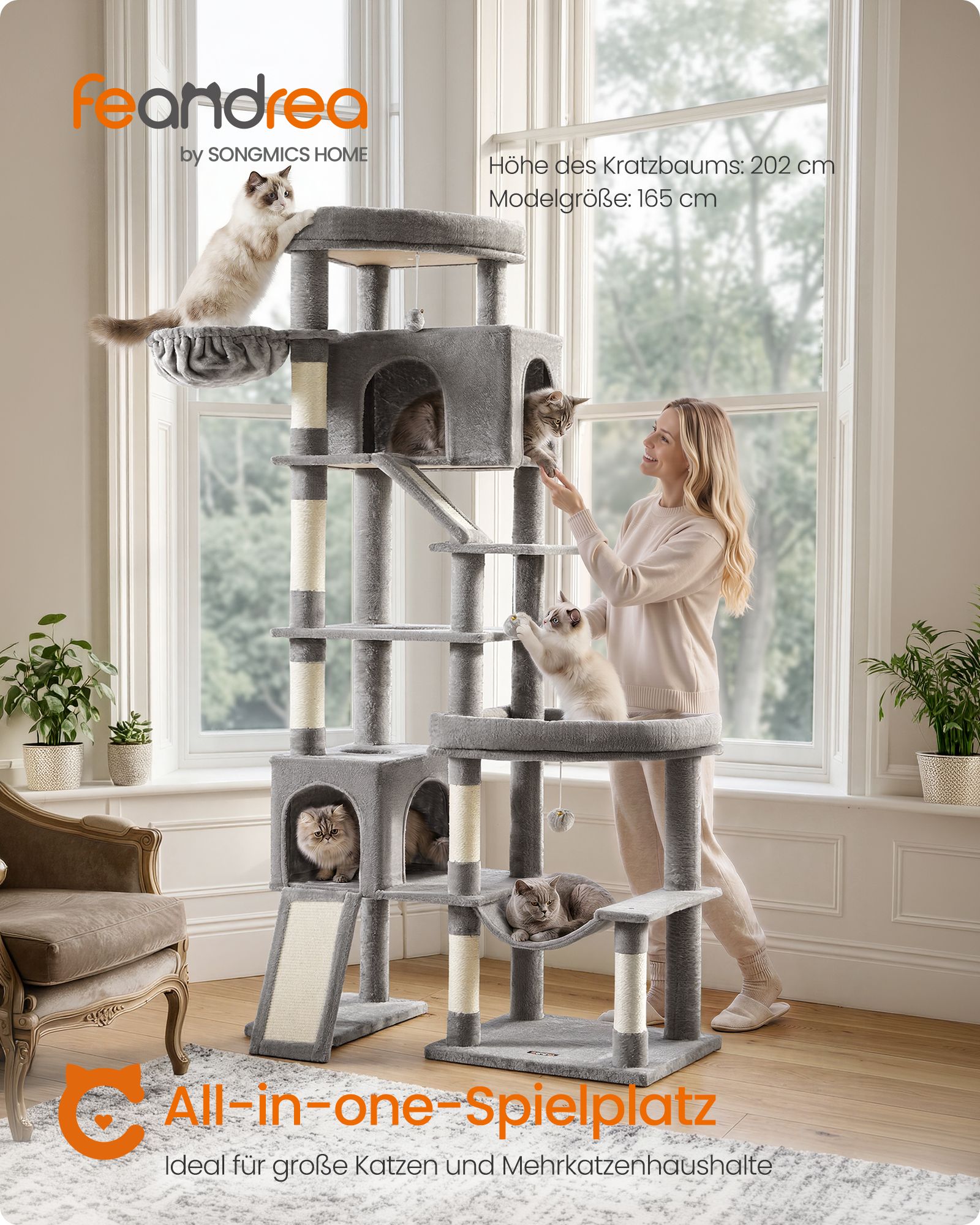 Large cat tree with six resting areas and sisal posts in dove grey