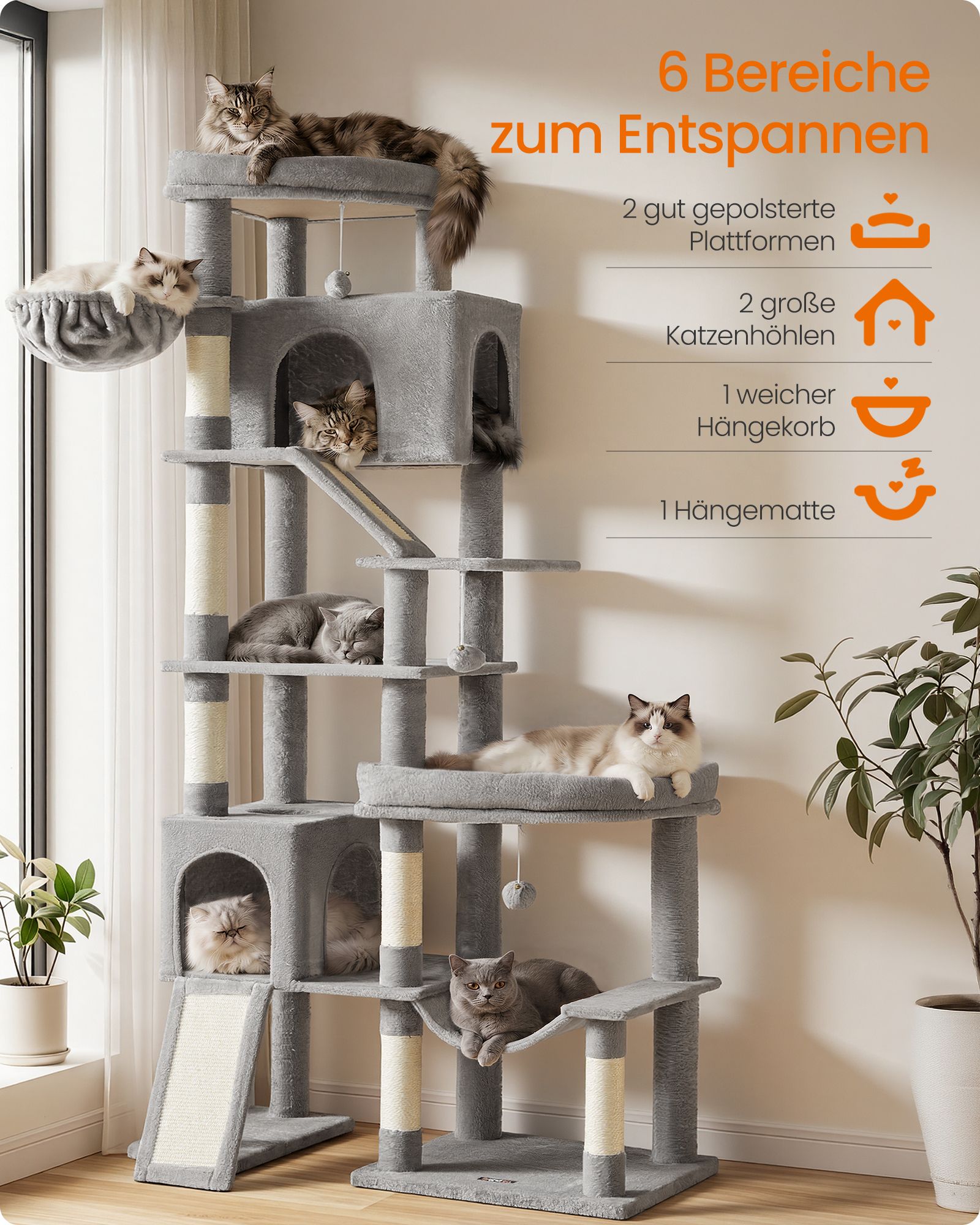 Large cat tree with six resting areas and sisal posts in dove grey