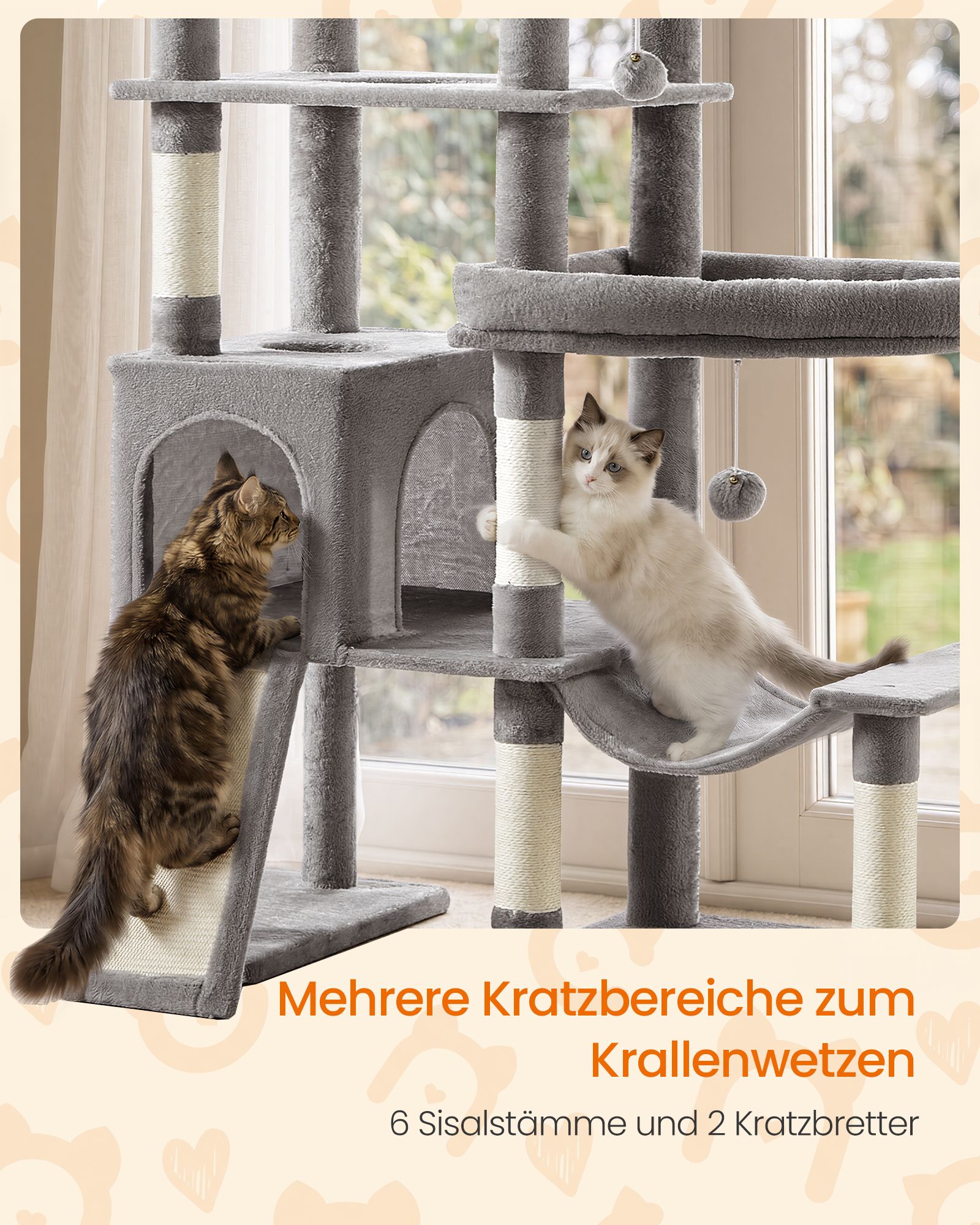 Large cat tree with six resting areas and sisal posts in dove grey